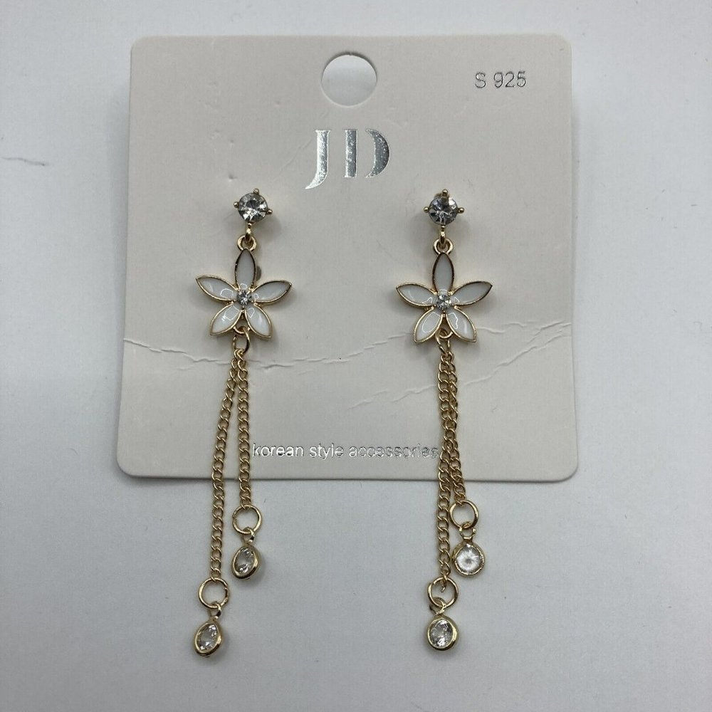 Flower Enamel Crystals Drop DANGLE‎ CHAIN EARRINGS white gold tone long 2.5" New